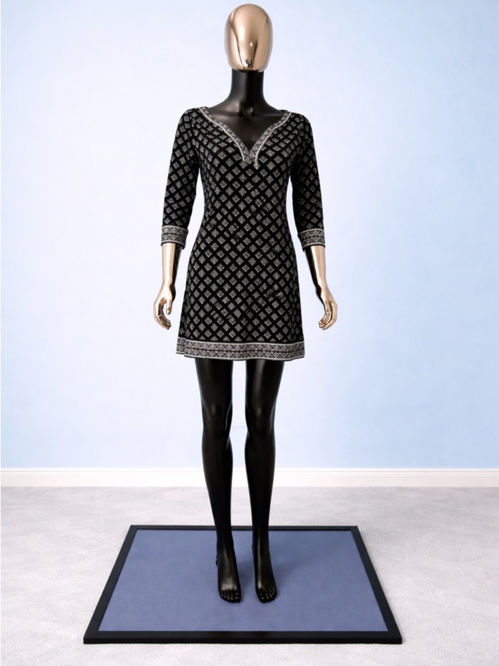 Black Patterned V-Neck Mini Dress with Silver Trim
